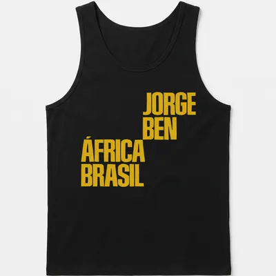 Bold yellow typography featuring Jorge Ben África Brasil text on a — printed on a tank top