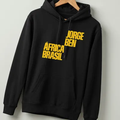 Bold yellow typography featuring Jorge Ben África Brasil text on a — printed on a unisex hoodie