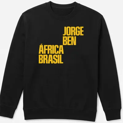 Bold yellow typography featuring Jorge Ben África Brasil text on a — printed on a unisex sweatshirt