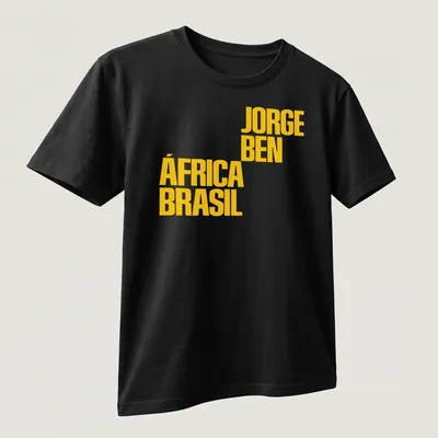 Bold yellow typography featuring Jorge Ben África Brasil text on a — printed on a unisex t-shirt (angled view)