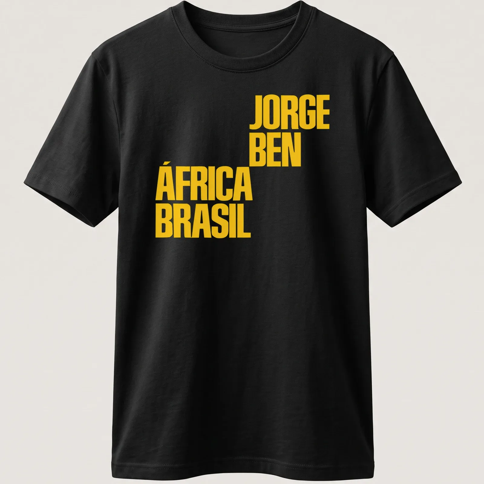 Bold yellow typography featuring Jorge Ben África Brasil text on a — printed on a unisex t-shirt