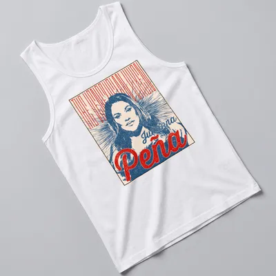 Vintage poster style t-shirt featuring Julianna Peña as 'The Venezuelan Vixen' in red, blue, and cream — printed on a tank top