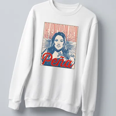 Vintage poster style t-shirt featuring Julianna Peña as 'The Venezuelan Vixen' in red, blue, and cream — printed on a unisex sweatshirt