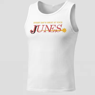Bold typography t-shirt with playful colors and cheerful phrase about Junes. — printed on a tank top