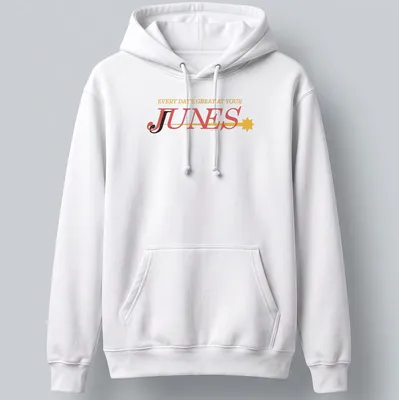 Bold typography t-shirt with playful colors and cheerful phrase about Junes. — printed on a unisex hoodie