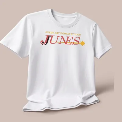 Bold typography t-shirt with playful colors and cheerful phrase about Junes. — printed on a unisex t-shirt (angled view)