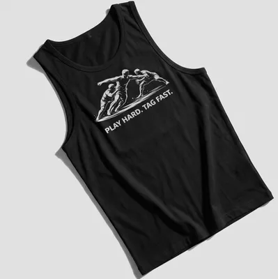 Silhouette of a Kabaddi player with bold text 'PLAY HARD. TAG FAST.' — printed on a tank top