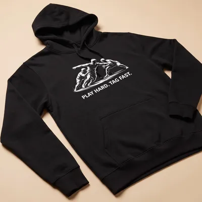 Silhouette of a Kabaddi player with bold text 'PLAY HARD. TAG FAST.' — printed on a unisex hoodie