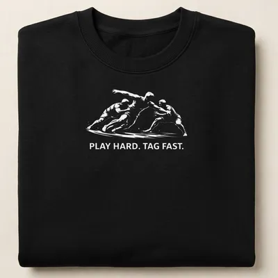 Silhouette of a Kabaddi player with bold text 'PLAY HARD. TAG FAST.' — printed on a unisex sweatshirt