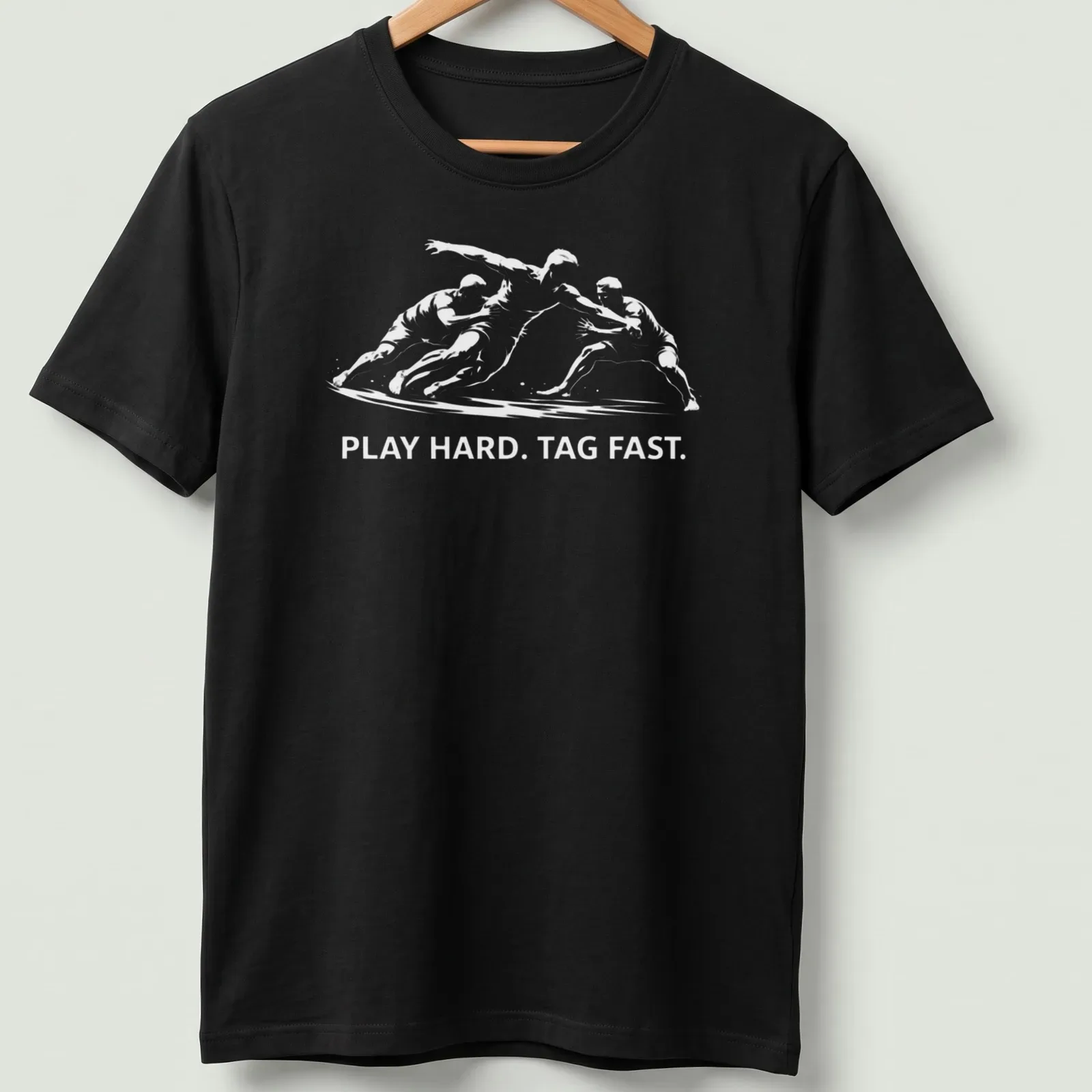 Silhouette of a Kabaddi player with bold text 'PLAY HARD. TAG FAST.' — printed on a unisex t-shirt