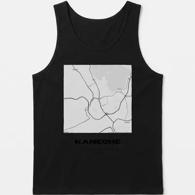 Minimalist black and white t-shirt featuring Kaneohe map coordinates — printed on a tank top