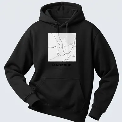 Minimalist black and white t-shirt featuring Kaneohe map coordinates — printed on a unisex hoodie