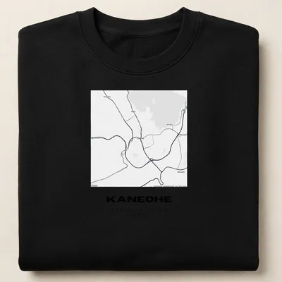 Minimalist black and white t-shirt featuring Kaneohe map coordinates — printed on a unisex sweatshirt