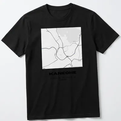 Minimalist black and white t-shirt featuring Kaneohe map coordinates