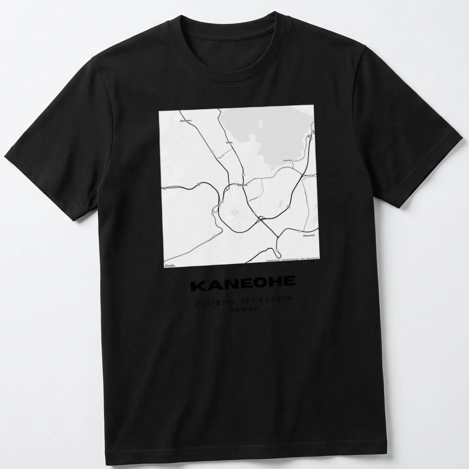 Minimalist black and white t-shirt featuring Kaneohe map coordinates — printed on a unisex t-shirt