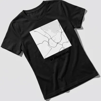 Minimalist black and white t-shirt featuring Kaneohe map coordinates — printed on a women's shirt