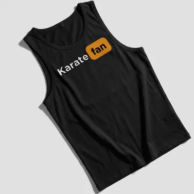 Bold Karate Fan T-Shirt with modern typography in black, orange, and white — printed on a tank top