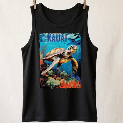 Vibrant illustration of a sea turtle swimming in the ocean with KAUAI text — printed on a tank top