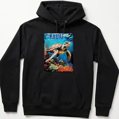 Vibrant illustration of a sea turtle swimming in the ocean with KAUAI text — printed on a unisex hoodie