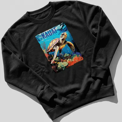 Vibrant illustration of a sea turtle swimming in the ocean with KAUAI text — printed on a unisex sweatshirt