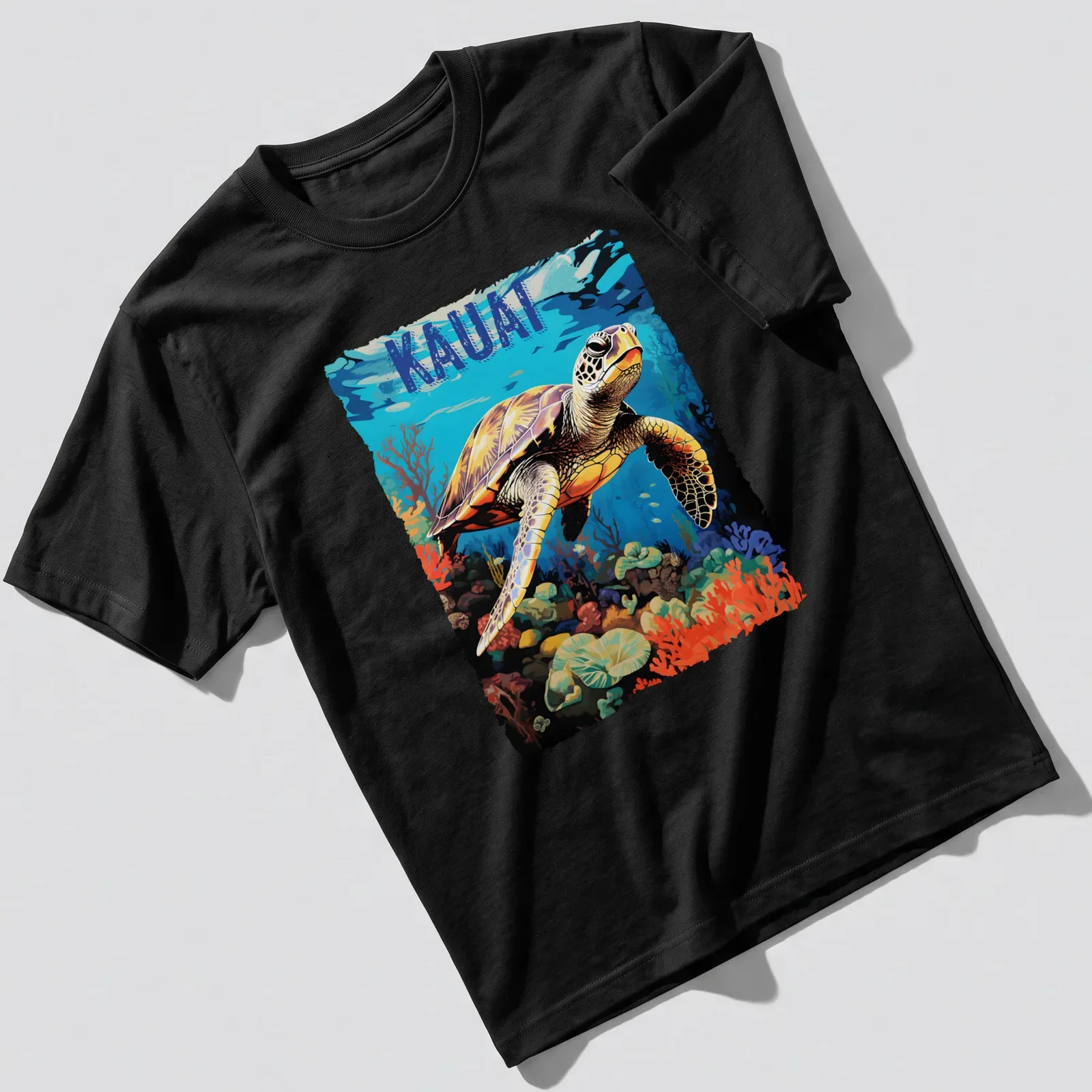 Vibrant illustration of a sea turtle swimming in the ocean with KAUAI text — printed on a unisex t-shirt