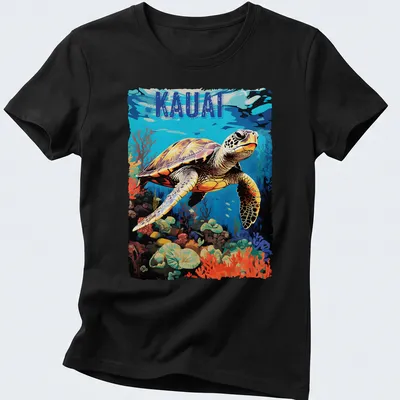 Vibrant illustration of a sea turtle swimming in the ocean with KAUAI text — printed on a women's shirt