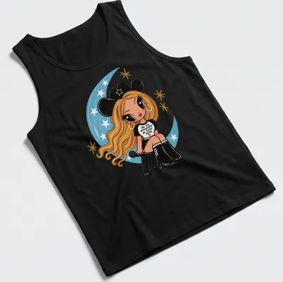Kawaii girl with microphone and colorful text design on — printed on a tank top
