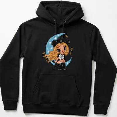 Kawaii girl with microphone and colorful text design on — printed on a unisex hoodie