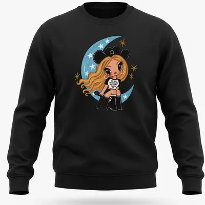 Kawaii girl with microphone and colorful text design on — printed on a unisex sweatshirt