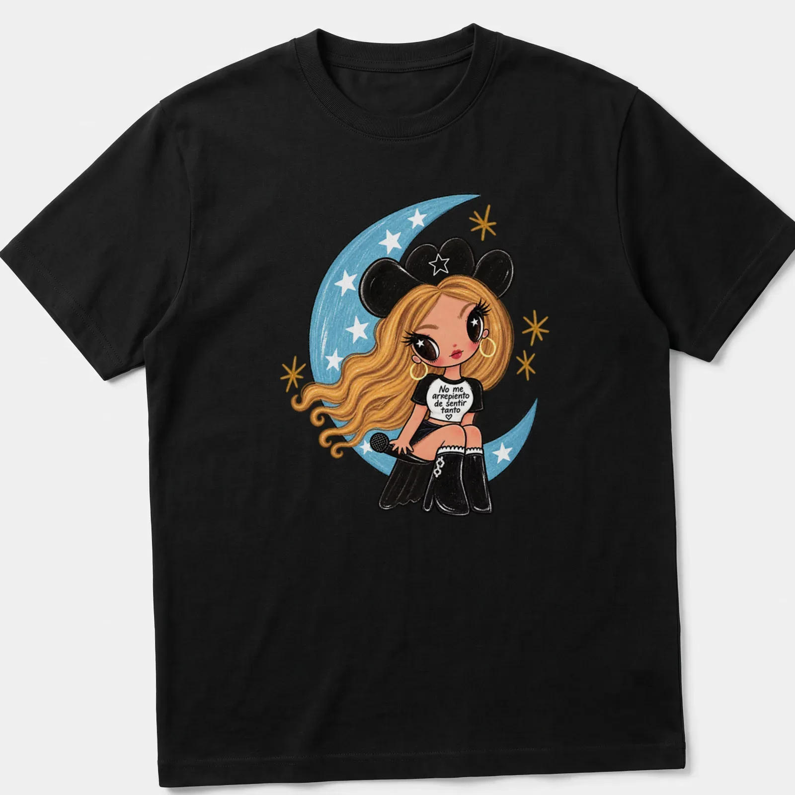 Kawaii girl with microphone and colorful text design on — printed on a unisex t-shirt
