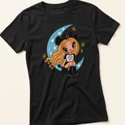 Kawaii girl with microphone and colorful text design on — printed on a women's shirt