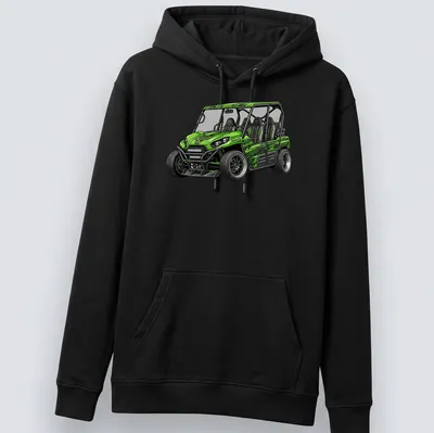 Illustration of a green Kawasaki Teryx S LE UTV in detailed style — printed on a unisex hoodie