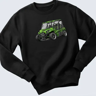 Illustration of a green Kawasaki Teryx S LE UTV in detailed style — printed on a unisex sweatshirt