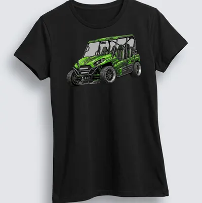 Illustration of a green Kawasaki Teryx S LE UTV in detailed style — printed on a women's shirt