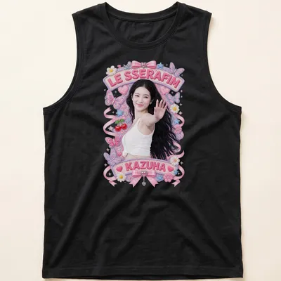 Colorful pastel design featuring Kazuha with butterflies and text underneath — printed on a tank top