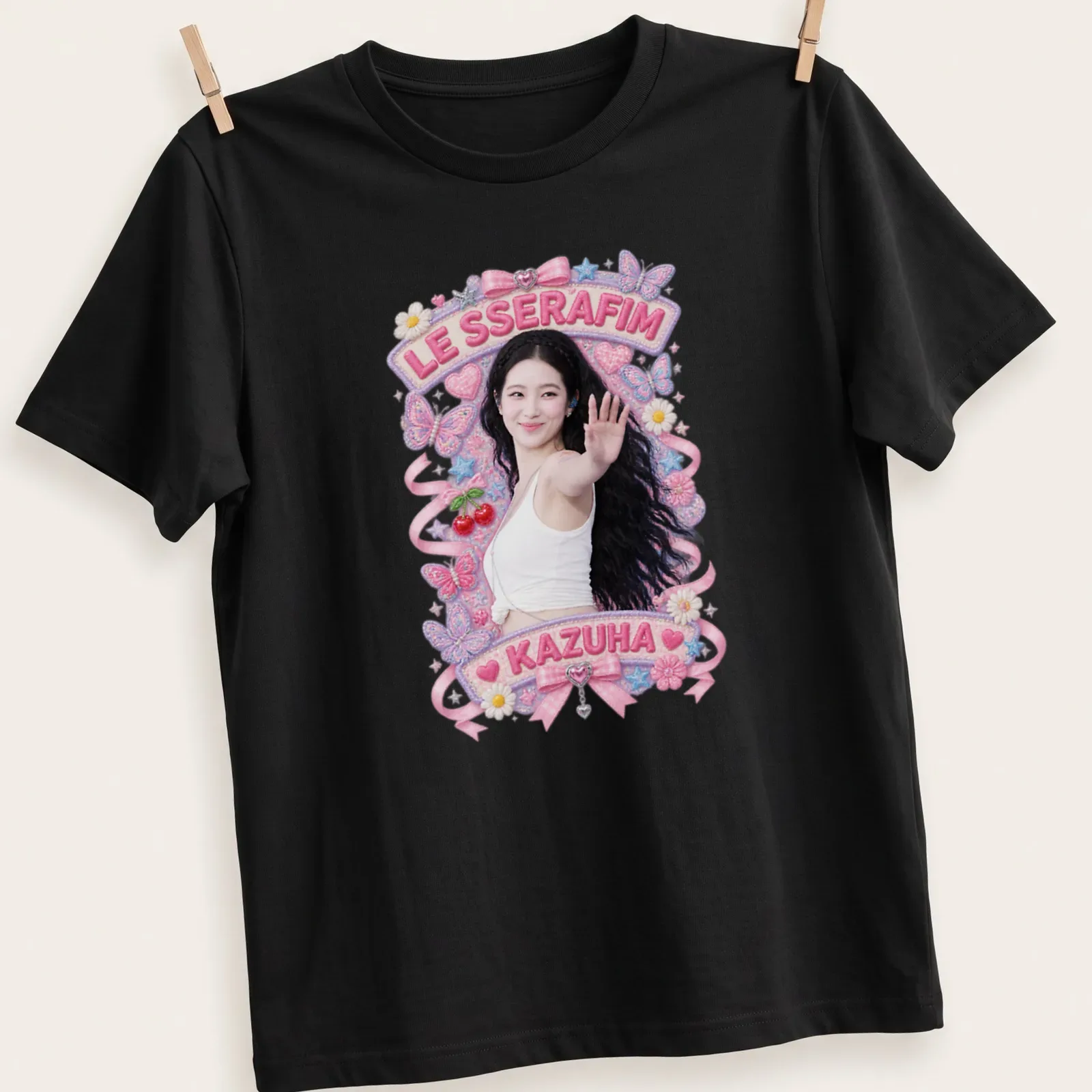 Colorful pastel design featuring Kazuha with butterflies and text underneath — printed on a unisex t-shirt