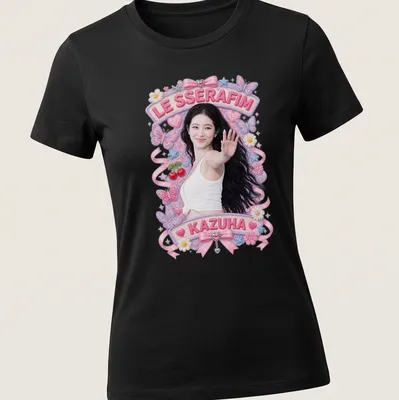 Colorful pastel design featuring Kazuha with butterflies and text underneath — printed on a women's shirt