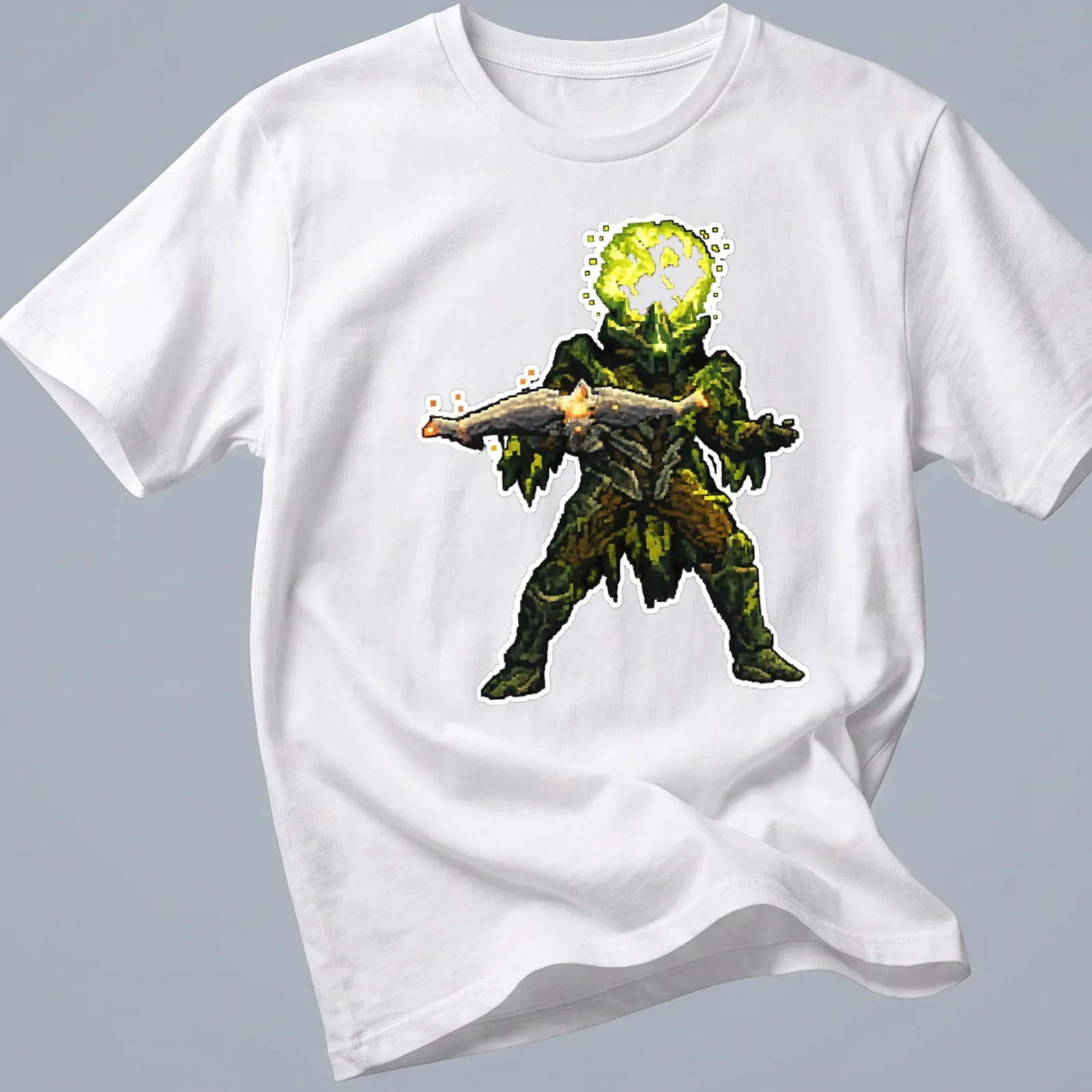 Pixel art of Kelgorath, a green creature with a bold design against a dark background. — printed on a unisex t-shirt