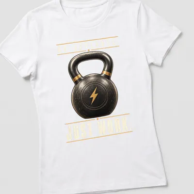 Vintage distressed T-shirt featuring a kettlebell and motivational text. — printed on a women's shirt