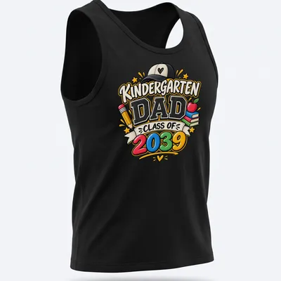 Colorful cartoon t-shirt for Kindergarten Dad Class of 2039 with playful text — printed on a tank top