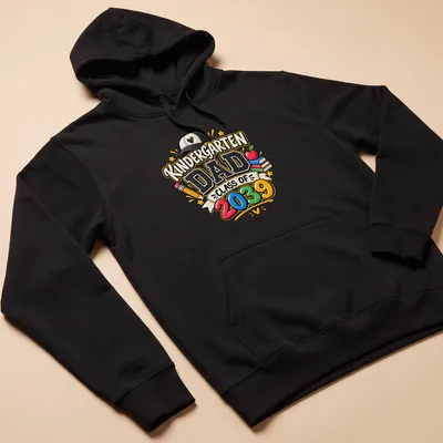 Colorful cartoon t-shirt for Kindergarten Dad Class of 2039 with playful text — printed on a unisex hoodie
