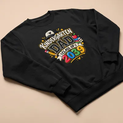 Colorful cartoon t-shirt for Kindergarten Dad Class of 2039 with playful text — printed on a unisex sweatshirt