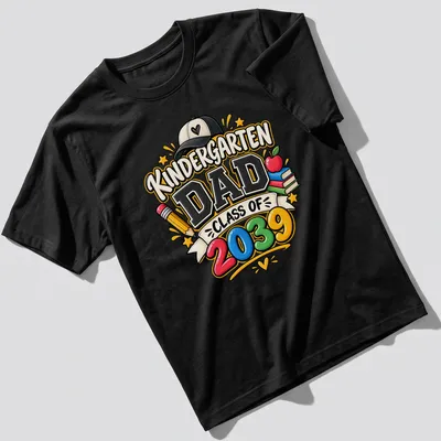 Colorful cartoon t-shirt for Kindergarten Dad Class of 2039 with playful text