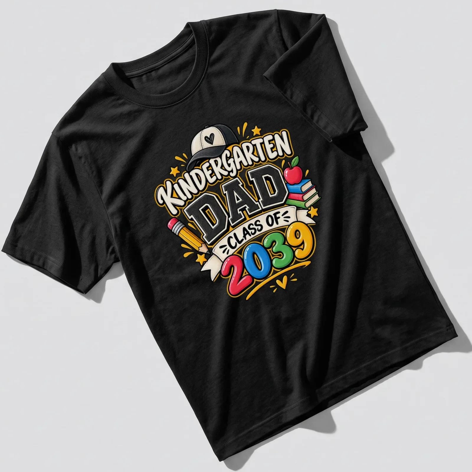 Colorful cartoon t-shirt for Kindergarten Dad Class of 2039 with playful text — printed on a unisex t-shirt