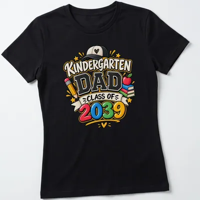Colorful cartoon t-shirt for Kindergarten Dad Class of 2039 with playful text — printed on a women's shirt