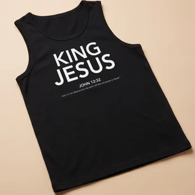 White text T-shirt featuring King Jesus John 1232 in a simple design — printed on a tank top