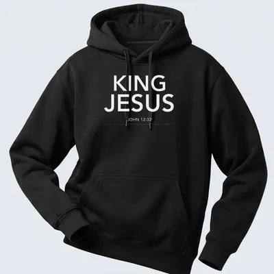 White text T-shirt featuring King Jesus John 1232 in a simple design — printed on a unisex hoodie