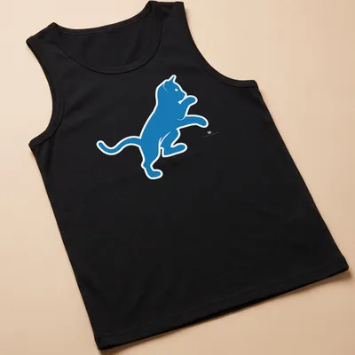Blue silhouette of a cat referencing Motor City in a simple design — printed on a tank top