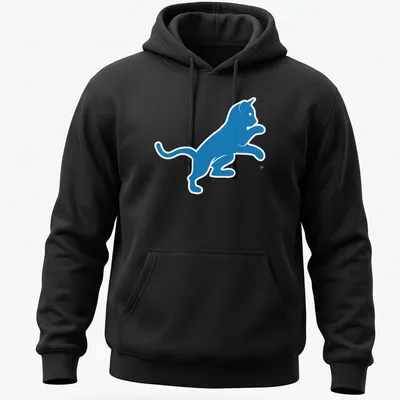 Blue silhouette of a cat referencing Motor City in a simple design — printed on a unisex hoodie