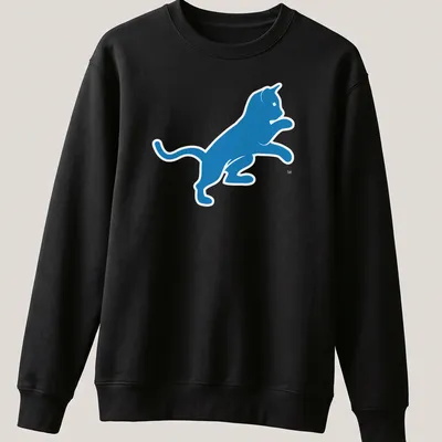 Blue silhouette of a cat referencing Motor City in a simple design — printed on a unisex sweatshirt